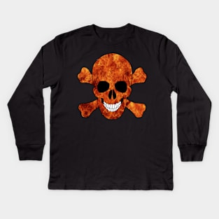 Orange Flaming Skull And Crossbones Kids Long Sleeve T-Shirt